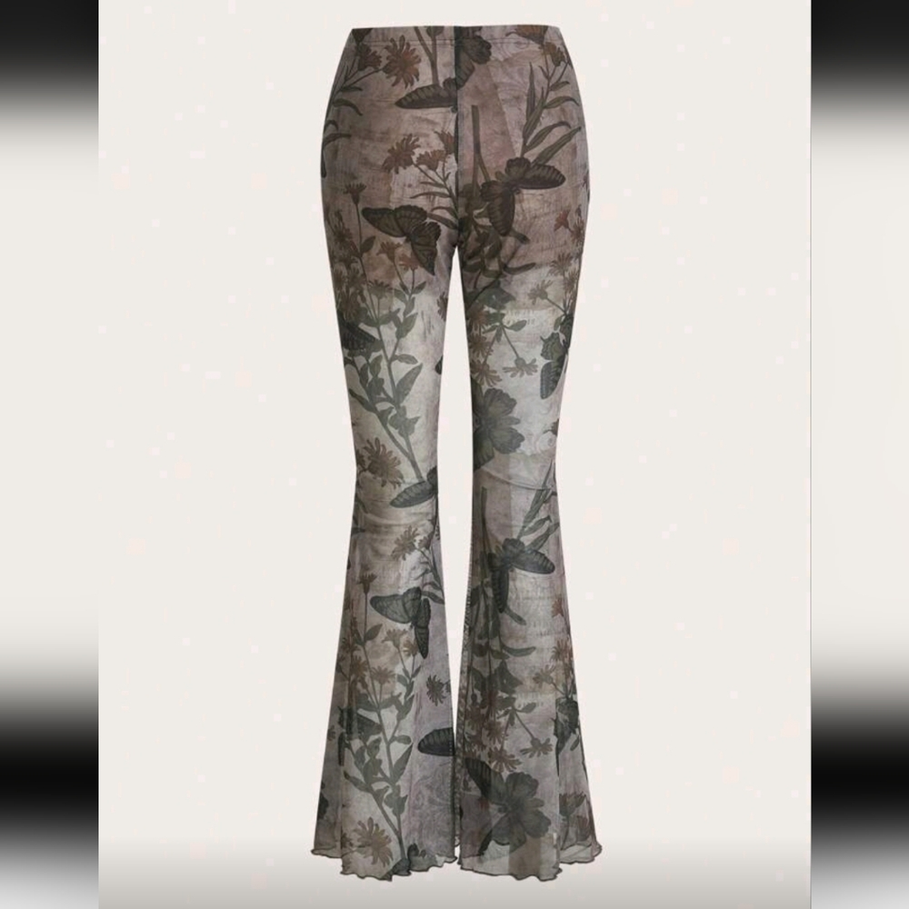 🌟 ROMWE Floral Sheer Mesh Flare Pants